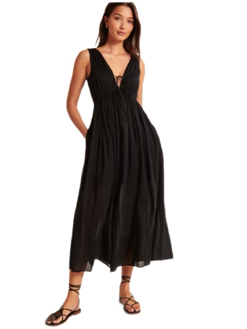 Abercrombie & Fitch Black Linen Ruched Sleeveless Maxi Dress Size XS
